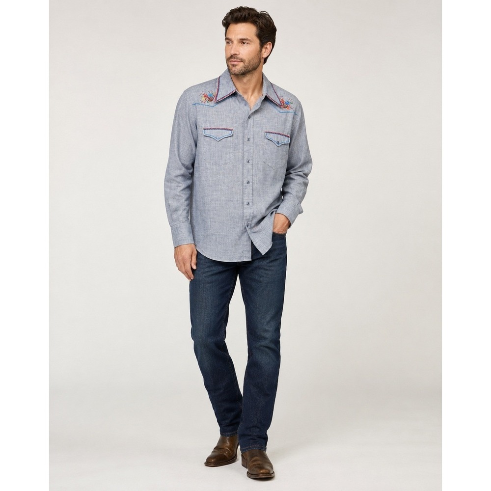 Vintage‎ 70s Wrangler Western Shirt Mens XL Blue Chambray Cotton Embroidered